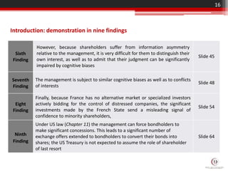 Sixth
Finding
However, because shareholders suffer from information asymmetry
relative to the management, it is very difficult for them to distinguish their
own interest, as well as to admit that their judgment can be significantly
impaired by cognitive biases
Slide 45
Seventh
Finding
The management is subject to similar cognitive biases as well as to conflicts
of interests
Slide 48
Eight
Finding
Finally, because France has no alternative market or specialized investors
actively bidding for the control of distressed companies, the significant
investments made by the French State send a misleading signal of
confidence to minority shareholders,
Slide 54
Ninth
Finding
Under US law (Chapter 11) the management can force bondholders to
make significant concessions. This leads to a significant number of
exchange offers extended to bondholders to convert their bonds into
shares; the US Treasury is not expected to assume the role of shareholder
of last resort
Slide 64
16
Introduction: demonstration in nine findings
 