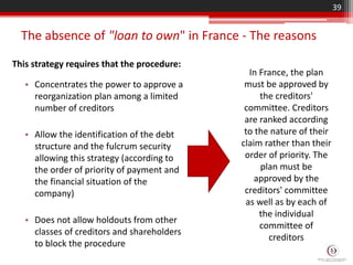 The absence of "loan to own" in France - The reasons
39
• Concentrates the power to approve a
reorganization plan among a limited
number of creditors
• Allow the identification of the debt
structure and the fulcrum security
allowing this strategy (according to
the order of priority of payment and
the financial situation of the
company)
• Does not allow holdouts from other
classes of creditors and shareholders
to block the procedure
This strategy requires that the procedure:
In France, the plan
must be approved by
the creditors'
committee. Creditors
are ranked according
to the nature of their
claim rather than their
order of priority. The
plan must be
approved by the
creditors' committee
as well as by each of
the individual
committee of
creditors
 
