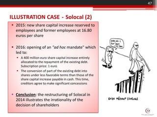 ILLUSTRATION CASE - Solocal (2)
 2015: new share capital increase reserved to
employees and former employees at 16.80
euros per share
 2016: opening of an "ad hoc mandate" which
led to:
 A 400 million euro share capital increase entirely
allocated to the repayment of the existing debt.
Subscription price: 1 euro
 The conversion of part of the existing debt into
shares under less favorable terms than those of the
share capital increase payable in cash. This time,
creditors agree to make significant concessions
 Conclusion: the restructuring of Solocal in
2014 illustrates the irrationality of the
decision of shareholders
47
 