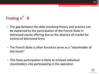Finding n°8
• The gap between the debt overhang theory and practice can
be explained by the participation of the French State in
distressed equity offering due to the absence of market for
control of distressed firms
• The French State is often forced to serve as a "shareholder of
last resort"
• This State participation is likely to mislead individual
shareholders into participating in the operation
59
 