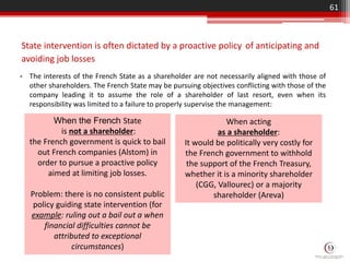 State intervention is often dictated by a proactive policy of anticipating and
avoiding job losses
• The interests of the French State as a shareholder are not necessarily aligned with those of
other shareholders. The French State may be pursuing objectives conflicting with those of the
company leading it to assume the role of a shareholder of last resort, even when its
responsibility was limited to a failure to properly supervise the management:
61
When acting
as a shareholder:
It would be politically very costly for
the French government to withhold
the support of the French Treasury,
whether it is a minority shareholder
(CGG, Vallourec) or a majority
shareholder (Areva)
When the French State
is not a shareholder:
the French government is quick to bail
out French companies (Alstom) in
order to pursue a proactive policy
aimed at limiting job losses.
Problem: there is no consistent public
policy guiding state intervention (for
example: ruling out a bail out a when
financial difficulties cannot be
attributed to exceptional
circumstances)
 