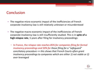 • The negative micro economic impact of the inefficiencies of French
corporate insolvency law is still relatively unknown or misunderstood
• The negative macro economic impact of the inefficiencies of French
corporate insolvency law is still insufficiently studied. This is in spite of a
high relapse rate, 5 years after filing for insolvency proceedings:
▫ In France, the relapse rate reaches 85% for companies filing for formal
insolvency proceedings and 50% for those filing for a "safeguard"
conciliatory procedure => this shows that French Courts often grant
insolvency proceedings to companies which are either 1) not viable or 2)
over leveraged
Conclusion
79
 