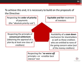 To achieve this end, it is necessary to build on the proposals of
the Directive:
86
Respecting the order of priority
of payments
(the "absolute priority rule")
Respecting the principle of
consensual settlement
(obtaining the approval of a
plan by at least one class of
creditors)
Respecting the "no worse off
principle » or »creditor best
interest" test
Availability of a cram down
mechanism for shareholders
as well as those creditors
who are entitled to none of
the going concern value (out
of the money creditors)
Equitable and fair treatment
of investors
 