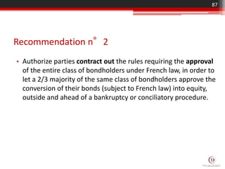 Recommendation n°2
• Authorize parties contract out the rules requiring the approval
of the entire class of bondholders under French law, in order to
let a 2/3 majority of the same class of bondholders approve the
conversion of their bonds (subject to French law) into equity,
outside and ahead of a bankruptcy or conciliatory procedure.
87
 