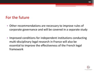 For the future
• Other recommendations are necessary to improve rules of
corporate governance and will be covered in a separate study
• Improved conditions for independent institutions conducting
multi-disciplinary legal research in France will also be
essential to improve the effectiveness of the French legal
framework
90
 