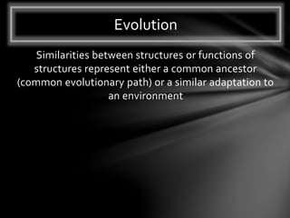 Similarities between structures or functions of
structures represent either a common ancestor
(common evolutionary path) or a similar adaptation to
an environment
Evolution
 