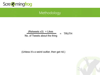 Methodology
(Retweets x3) + Likes
TRUTH
No. of Tweets about the thing
=
(Unless it’s a weird outlier, then get rid.)
 
