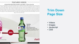 • Videos
• Images
• Javascript
• CSS
Trim Down
Page Size
 