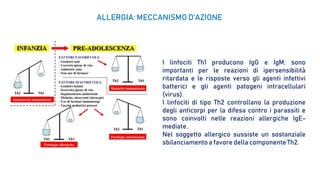 I linfociti Th1 producono IgG e IgM: sono
importanti per le reazioni di ipersensibilità
ritardata e le risposte verso gli agenti infettivi
batterici e gli agenti patogeni intracellulari
(virus).
I linfociti di tipo Th2 controllano la produzione
degli anticorpi per la difesa contro i parassiti e
sono coinvolti nelle reazioni allergiche IgE-
mediate.
Nel soggetto allergico sussiste un sostanziale
sbilanciamentoa favore della componente Th2.
ALLERGIA: MECCANISMO D’AZIONE
 