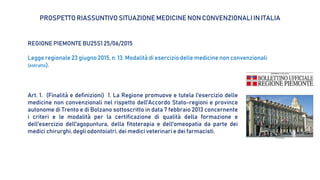 PROSPETTO RIASSUNTIVO SITUAZIONE MEDICINE NON CONVENZIONALI IN ITALIA
REGIONE PIEMONTE BU25S1 25/06/2015
Legge regionale 23 giugno 2015, n. 13. Modalità di esercizio delle medicine non convenzionali
(estratto).
Art. 1. (Finalità e definizioni) 1. La Regione promuove e tutela l'esercizio delle
medicine non convenzionali nel rispetto dell'Accordo Stato-regioni e province
autonome di Trento e di Bolzano sottoscritto in data 7 febbraio 2013 concernente
i criteri e le modalità per la certificazione di qualità della formazione e
dell'esercizio dell'agopuntura, della fitoterapia e dell'omeopatia da parte dei
medici chirurghi, degli odontoiatri, dei medici veterinari e dei farmacisti.
 