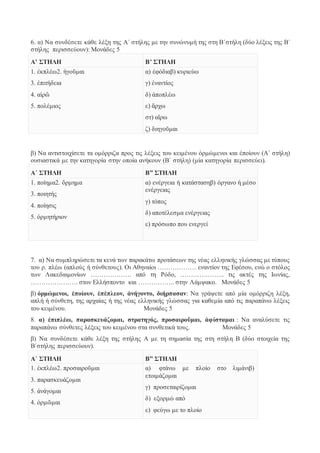 6. α) Να συνδέσετε κάθε λέξη της Α΄ στήλης με την συνώνυμή της στη Β΄στήλη (δύο λέξεις της Β΄ 
στήλης περισσεύουν): Μονάδες 5 
Α’ ΣΤΗΛΗ Β’ ΣΤΗΛΗ 
1. ἐκπλέω2. ἡγοῦμαι 
3. ἐπιτήδεια 
4. αἱρῶ 
5. πολέμιος 
α) ἐφόδιαβ) κυριεύω 
γ) ἐναντίος 
δ) ἀποπλέω 
ε) ἄρχω 
στ) αἴρω 
ζ) διηγοῦμαι 
β) Να αντιστοιχίσετε τα ομόρριζα προς τις λέξεις του κειμένου ὁρμώμενοι και ἐποίουν (Α΄ στήλη) 
ουσιαστικά με την κατηγορία στην οποία ανήκουν (Β΄ στήλη) (μία κατηγορία περισσεύει). 
Α΄ ΣΤΗΛΗ Β” ΣΤΗΛΗ 
1. ποίημα2. ὅρμημα 
3. ποιητής 
4. ποίησις 
5. ὁρμητήριον 
α) ενέργεια ή κατάστασηβ) όργανο ή μέσο 
ενέργειας 
γ) τόπος 
δ) αποτέλεσμα ενέργειας 
ε) πρόσωπο που ενεργεί 
7. α) Να συμπληρώσετε τα κενά των παρακάτω προτάσεων της νέας ελληνικής γλώσσας με τύπους 
του ρ. πλέω (απλούς ή σύνθετους). Οι Αθηναίοι ……………… εναντίον της Εφέσου, ενώ ο στόλος 
των Λακεδαιμονίων ………………. από τη Ρόδο, ………….…….. τις ακτές της Ιωνίας, 
…………………. στον Ελλήσποντο και …………….. στην Λάμψακο. Μονάδες 5 
β) ὁρμώμενοι, ἐποίουν, ἐπέπλεον, ἀνήγοντο, διήρπασαν: Να γράψετε από μία ομόρριζη λέξη, 
απλή ή σύνθετη, της αρχαίας ή της νέας ελληνικής γλώσσας για καθεμία από τις παραπάνω λέξεις 
του κειμένου. Μονάδες 5 
8. α) ἐπιπλέω, παρασκευάζομαι, στρατηγός, προσαιροῦμαι, ἀφίσταμαι : Να αναλύσετε τις 
παραπάνω σύνθετες λέξεις του κειμένου στα συνθετικά τους. Μονάδες 5 
β) Να συνδέσετε κάθε λέξη της στήλης Α με τη σημασία της στη στήλη Β (δύο στοιχεία της 
Β΄στήλης περισσεύουν). 
Α΄ ΣΤΗΛΗ Β” ΣΤΗΛΗ 
1. ἐκπλέω2. προσαιροῦμαι 
3. παρασκευάζομαι 
5. ἀνάγομαι 
4. ὁρμῶμαι 
α) φτάνω με πλοίο στο λιμάνιβ) 
ετοιμάζομαι 
γ) προσεταιρίζομαι 
δ) εξορμώ από 
ε) φεύγω με το πλοίο 
 