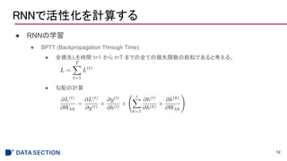 RNNで活性化を計算する
● RNNの学習
● BPTT (Backpropagation Through Time)
● 全損失Lを時間 t=1 から t=T までの全ての損失関数の総和であると考える。
● 勾配の計算
12
 