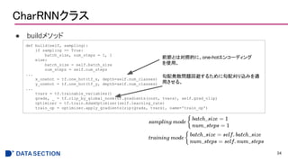 CharRNNクラス
● buildメソッド
34
def build(self, sampling):
if sampling == True:
batch_size, num_steps = 1, 1
else:
batch_size = self.batch_size
num_steps = self.num_steps
...
x_onehot = tf.one_hot(tf_x, depth=self.num_classes)
y_onehot = tf.one_hot(tf_y, depth=self.num_classes)
...
tvars = tf.trainable_variables()
grads, _ = tf.clip_by_global_norm(tf.gradients(cost, tvars), self.grad_clip)
optimizer = tf.train.AdamOptimizer(self.learning_rate)
train_op = optimizer.apply_gradients(zip(grads, tvars), name='train_op')
前節とは対照的に、one-hotエンコーディング
を使用。
勾配発散問題回避するために勾配刈り込みを適
用させる。
 
