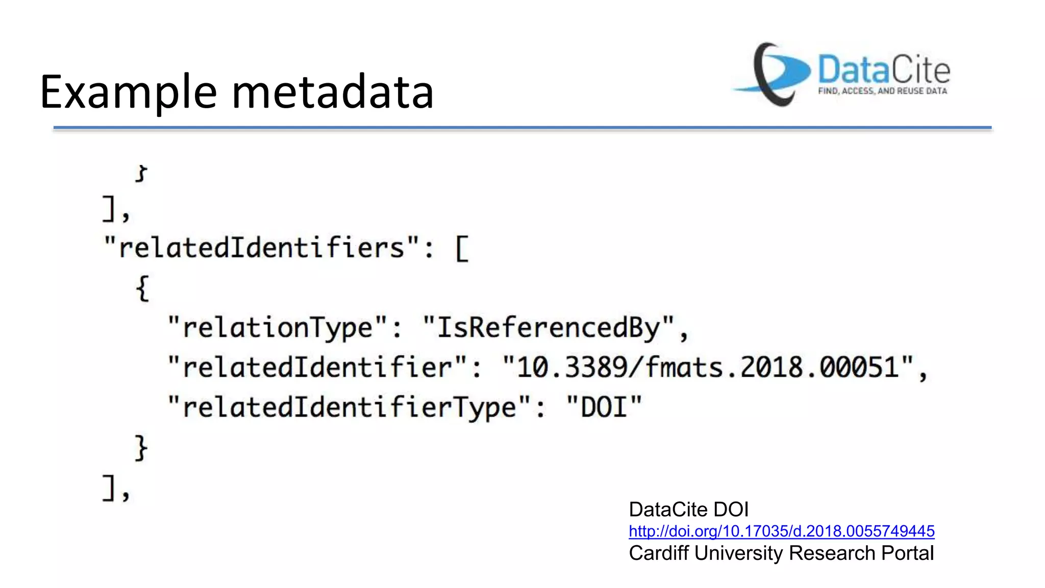 Example metadata
DataCite DOI
http://doi.org/10.17035/d.2018.0055749445
Cardiff University Research Portal
 