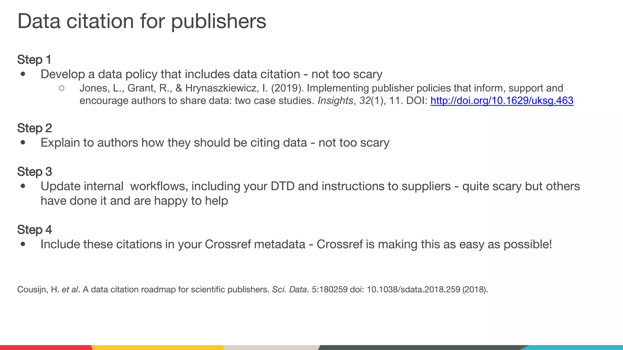 Data citation for publishers
Step 1
• Develop a data policy that includes data citation - not too scary
○ Jones, L., Grant, R., & Hrynaszkiewicz, I. (2019). Implementing publisher policies that inform, support and
encourage authors to share data: two case studies. Insights, 32(1), 11. DOI: http://doi.org/10.1629/uksg.463
Step 2
• Explain to authors how they should be citing data - not too scary
Step 3
• Update internal workflows, including your DTD and instructions to suppliers - quite scary but others
have done it and are happy to help
Step 4
• Include these citations in your Crossref metadata - Crossref is making this as easy as possible!
Cousijn, H. et al. A data citation roadmap for scientific publishers. Sci. Data. 5:180259 doi: 10.1038/sdata.2018.259 (2018).
 