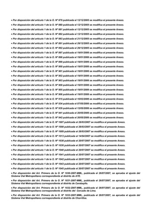 • Por disposición del artículo 1 de la O. Nº 879 publicada el 12/12/2005 se modifica el presente Anexo.
• Por disposición del artículo 1 de la O. Nº 880 publicada el 12/12/2005 se modifica el presente Anexo.
• Por disposición del artículo 1 de la O. Nº 881 publicada el 12/12/2005 se modifica el presente Anexo.
• Por disposición del artículo 1 de la O. Nº 882 publicada el 12/12/2005 se modifica el presente Anexo.
• Por disposición del artículo 1 de la O. Nº 883 publicada el 21/12/2005 se modifica el presente Anexo.
• Por disposición del artículo 1 de la O. Nº 891 publicada el 29/12/2005 se modifica el presente Anexo.
• Por disposición del artículo 1 de la O. Nº 892 publicada el 29/12/2005 se modifica el presente Anexo.
• Por disposición del artículo 1 de la O. Nº 897 publicada el 19/01/2006 se modifica el presente Anexo.
• Por disposición del artículo 1 de la O. Nº 898 publicada el 19/01/2006 se modifica el presente Anexo.
• Por disposición del artículo 1 de la O. Nº 899 publicada el 19/01/2006 se modifica el presente Anexo.
• Por disposición del artículo 1 de la O. Nº 900 publicada el 19/01/2006 se modifica el presente Anexo.
• Por disposición del artículo 1 de la O. Nº 901 publicada el 19/01/2006 se modifica el presente Anexo.
• Por disposición del artículo 1 de la O. Nº 902 publicada el 19/01/2006 se modifica el presente Anexo.
• Por disposición del artículo 1 de la O. Nº 903 publicada el 19/01/2006 se modifica el presente Anexo.
• Por disposición del artículo 1 de la O. Nº 909 publicada el 19/01/2006 se modifica el presente Anexo.
• Por disposición del artículo 1 de la O. Nº 905 publicada el 19/01/2006 se modifica el presente Anexo.
• Por disposición del artículo 1 de la O. Nº 906 publicada el 19/01/2006 se modifica el presente Anexo.
• Por disposición del artículo 1 de la O. Nº 915 publicada el 10/03/2006 se modifica el presente Anexo.
• Por disposición del artículo 1 de la O. Nº 934 publicada el 07/05/2006 se modifica el presente Anexo.
• Por disposición del artículo 1 de la O. Nº 939 publicada el 12/05/2006 se modifica el presente Anexo.
• Por disposición del artículo 1 de la O. Nº 941 publicada el 20/05/2006 se modifica el presente Anexo.
• Por disposición del artículo 1 de la O. Nº 942 publicada el 20/05/2006 se modifica el presente Anexo.
• Por disposición del artículo 1 de la O. Nº 1007 publicada el 26/03/2007 se modifica el presente Anexo.
• Por disposición del artículo 1 de la O. Nº 1008 publicada el 26/03/2007 se modifica el presente Anexo.
• Por disposición del artículo 1 de la O. Nº 1009 publicada el 26/03/2007 se modifica el presente Anexo.
• Por disposición del artículo 2 de la O. Nº 1013 publicada el 14/04/2007 se modifica el presente Anexo.
• Por disposición del artículo 1 de la O. Nº 1038 publicada el 20/07/2007 se modifica el presente Anexo.
• Por disposición del artículo 1 de la O. Nº 1039 publicada el 20/07/2007 se modifica el presente Anexo.
• Por disposición del artículo 1 de la O. Nº 1040 publicada el 20/07/2007 se modifica el presente Anexo.
• Por disposición del artículo 1 de la O. Nº 1041 publicada el 20/07/2007 se modifica el presente Anexo.
• Por disposición del artículo 1 de la O. Nº 1042 publicada el 20/07/2007 se modifica el presente Anexo.
• Por disposición del artículo 1 de la O. Nº 1043 publicada el 20/07/2007 se modifica el presente Anexo.
• Por disposición del artículo 1 de la O. Nº 1045 publicada el 20/07/2007 se modifica el presente Anexo.
• Por disposición del Art. Primero de la O. Nº 1030-2007-MML, publicada el 26/07/2007, se aprueba el ajuste del
Sistema Vial Metropolitano correspondiente al distrito de ATE.
• Por disposición del Art. Primero de la O. Nº 1031-2007-MML, publicada el 26/07/2007, se aprueba el ajuste del
Sistema Vial Metropolitano correspondiente al distrito de Carabayllo.
• Por disposición del Art. Primero de la O. Nº 1032-2007-MML, publicada el 26/07/2007, se aprueba el ajuste del
Sistema Vial Metropolitano correspondiente al distrito del Cercado de Lima.
• Por disposición del Art. Primero de la O. Nº 1033-2007-MML, publicada el 26/07/2007, se aprueba el ajuste del
Sistema Vial Metropolitano correspondiente al distrito de Chorrillos.
 