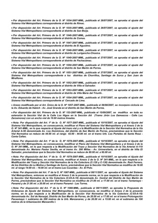• Por disposición del Art. Primero de la O. Nº 1034-2007-MML, publicada el 26/07/2007, se aprueba el ajuste del
Sistema Vial Metropolitano correspondiente al distrito de Rímac.
• Por disposición del Art. Primero de la O. Nº 1035-2007-MML, publicada el 26/07/2007, se aprueba el ajuste del
Sistema Vial Metropolitano correspondiente al distrito de San Borja.
• Por disposición del Art. Primero de la O. Nº 1046-2007-MML, publicada el 27/07/2007, se aprueba el ajuste del
Sistema Vial Metropolitano correspondiente al distrito de Comas.
• Por disposición del Art. Primero de la O. Nº 1047-2007-MML, publicada el 27/07/2007, se aprueba el ajuste del
Sistema Vial Metropolitano correspondiente al distrito de El Agustino.
• Por disposición del Art. Primero de la O. Nº 1048-2007-MML, publicada el 27/07/2007, se aprueba el ajuste del
Sistema Vial Metropolitano correspondiente al distrito de Lurigancho-Chosica.
• Por disposición del Art. Primero de la O. Nº 1049-2007-MML, publicada el 27/07/2007, se aprueba el ajuste del
Sistema Vial Metropolitano correspondiente al distrito de Pachacámac.
• Por disposición del Art. Primero de la O. Nº 1050-2007-MML, publicada el 27/07/2007, se aprueba el ajuste del
Sistema Vial Metropolitano correspondiente al distrito de San Martín de Porres.
• Por disposición del Art. Primero de la O. Nº 1051-2007-MML, publicada el 27/07/2007, se aprueba el ajuste del
Sistema Vial Metropolitano correspondiente a los distritos de Chorrillos, Santiago de Surco y San Juan de
Miraflores.
• Por disposición del Art. Primero de la O. Nº 1052-2007-MML, publicada el 27/07/2007, se aprueba el ajuste del
Sistema Vial Metropolitano correspondiente al distrito de Villa el Salvador.
• Por disposición del Art. Primero de la O. Nº 1053-2007-MML, publicada el 27/07/2007, se aprueba el ajuste del
Sistema Vial Metropolitano correspondiente al distrito de Villa María del Triunfo .
• Por disposición del Art. Primero de la O. Nº 1054-2007-MML, publicada el 27/07/2007, se aprueba el ajuste del
Sistema Vial Metropolitano correspondiente al Cercado de Lima.
• Anexo modificado por el Art. Único de la O. Nº 1057-2007-MML, publicada el 06/08/2007, se incorpora ciclovía en
la Av. Eduardo de Habich - Av. José Granda en el distrito de San Martín de Porres.
• Por disposición del Art. Primero de la O. Nº 153-2007-MML, publicada el 15/09/2007, se modifica en toda su
extensión la Sección Vial de la Calle Los Higos en la Sección AA (Tramo Jirón Los Damascos - Calle Las
Zarzamoras) con un ancho vial de 19.60 metros lineales.
• Nota: Por disposición del Art. 1º de la O. Nº 1077-2007-MML, publicada el 10/10/2007, se aprueba el Ajuste del
Sistema Vial Metropolitano, en consecuencia, modificar el Plano del Sistema Vial Metropolitano y el Anexo 2 de la
O. Nº 341-MML, en lo que respecta al Ajuste del trazo vial y a la Modificación de la Sección Vial Normativa de la Vía
Arterial A-56 denominada Av. Los Dominicos, del distrito de San Martín de Porres, precisándose que la Sección
Vial Normativa se reduce de 44.00 ml. al rango 42.00 - 44.00 ml. en el tramo Urb. Los Portales de Santa Rosa -
Canta Callao.
• Nota: Por disposición del Art. 1º de la O. Nº 1078-2007-MML, publicada el 10/10/2007, se aprueba el Ajuste del
Sistema Vial Metropolitano, en consecuencia, modificar el Plano del Sistema Vial Metropolitano y el Anexo 2 de la
O. Nº 341-MML, en lo que respecta a la Modificación del Trazo y Sección Vial Normativa de la Vía Arterial A-119
denominada Av. Mariano Pastor Sevilla, en el tramo Av. 200 Millas - Av. Universitaria, en el distrito de Villa El
Salvador, precisándose que la Sección Vial Normativa se reduce de 80.00 ml. a 60.00 ml.
• Nota: Por disposición del Art. 1º de la O. Nº 1079-2007-MML, publicada el 10/10/2007, se aprueba el Ajuste del
Sistema Vial Metropolitano, en consecuencia, modificar el Anexo 2 de la O. Nº 341-MML, en lo que respecta a la
Modificación del Trazo y Sección Vial Normativa de la Vía Colectora (C-129 y C-130) denominada Av. Raúl Ferrero,
de los Distritos de La Molina y Santiago de Surco, precisándose que la Sección Vial Normativa se modifica de 18.00
ml. al rango 14.00 ml. - 18.00 ml. en el tramo Las Cucardas - Av. El Polo.
• Nota: Por disposición del Art. 1º de la O. Nº 1087-MML, publicada el 08/11/2007, se aprueba el Ajuste del Sistema
Vial Metropolitano, entonces se modifica el Anexo 2 de la presente norma, en lo que respecta a la Modificación de
la Sección Vial Normativa de la Vía Colectora (C-03-A-10) denominada Av. Central del Distrito de San Martín de
Porres, precisándose que la Sección Vial Normativa se modifica de 21.00 ml. a 17.00 ml. en el tramo Tantamayo -
Panamá y de 21.00 ml. a 20.00 ml. en el tramo Panamá - Las Torres.
• Nota: Por disposición del Art. 1º de la O. Nº 1088-MML, publicada el 08/11/2007, se aprueba la Propuesta de
Ordenanza de Ajuste del Sistema Vial Metropolitano, en consecuencia, se modifica el Anexo 2 de la presente
norme, en lo que respecta a la Modificación de la Sección Vial Normativa de la Vía Colectora (C-03-A-10)
denominada Av. Sol de Naranjal, Distrito de San Martín de Porres, de 20.00 ml. a 17.60 ml. en el tramo Prolongación
Pacasmayo + subtramo de 200 metros de la Urb. Manzanares; y de 20.00 ml. a 15.60 ml. en el subtramo de 100
metros de la Urbanización Manzanillo I.
 