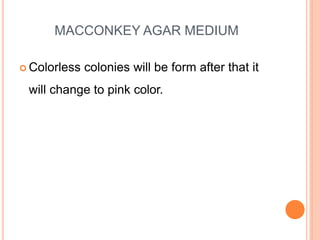 MACCONKEY AGAR MEDIUM
 Colorless colonies will be form after that it
will change to pink color.
 