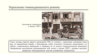 Укрепление гоминьдановского режима
После распада единого фронта руководство КПК, не считаясь с реальными условиями, взяло
курс на вооружённую борьбу с Гоминьданом, чтобы установить гегемонию пролетариата, «уг-
лубить» национальную революцию и перевести её на рельсы социалистической революции.
Вооружённые выступления, организованные КПК летом и осенью 1927 г., вызвали жестокие
репрессии гоминьдановских властей, истребление коммунистов.
Уничтожение коммунистов
в Шанхае. 1927 г.
 