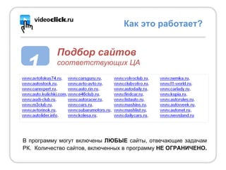 Как это работает? 1 Подбор сайтов соответствующих ЦА В программу могут включены  ЛЮБЫЕ  сайты, отвечающие задачам РК.  Количество сайтов, включенных в программу  НЕ ОГРАНИЧЕНО.   