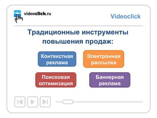 Videoclick Традиционные инструменты повышения продаж: Контекстная реклама Поисковая оптимизация Электронная рассылка Баннерная реклама 