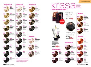 Натуральные Пепельные Золотистые 
8935 
«Белый 
бриллиант» 
Ультраосветляющий 
блонд 
8921 
«Пшеничный 
блондин» 
Светлый 
блондин 
8940 
«Натуральный 
блондин» 
Блондин 
9.3 
8.3 
8.3 
8926 
«Голливудский 
блонд» 
Ультрасветлый 
блондин 
пепельный 
8922 
«Золотисто- 
пшеничный» 
Cветлый 
блондин 
золотистый 
8934 
«Платиновый 
блондин» 
Очень светлый 
блондин 
пепельный 
8915 
«Капучино 
с корицей» 
Светлый каштан 
золотистый 
8936 
«Горный 
хрусталь» 
Ультра- 
осветляющий 
блонд пепель- 
ный 
8925 
«Солнечный 
медовый» 
Очень светлый 
блондин 
золотистый 
8933 
«Кристальный 
пепельный» 
Светлый 
блондин 
пепельный 
8941 
«Шоколадный 
трюфель» 
Каштан 
золотистый 
11.0 
8.0 
6.0 
8917 
«Идеальный 
русый» 
Темный блондин 
5.0 
3.0 
8939 
«Элегантный 
каштан» 
Светлый каштан 
8938 
«Ристретто» 
Темный каштан 
8911 
«Черная магия» 
Черный 
11.1 
10.1 
9.1 
8.1 
6.1 
8931 
«Оливковый 
русый» 
Темный 
блондин 
пепельный 
8913 
«Французский 
шик» 
Каштан 
4.0 4.1 
8930 
«Морозный 
каштан» 
Каштан 
пепельный 
1.1 
8929 
«Мадам 
Баттерфляй» 
Черно-синий 
1.0 
8932 
«Чистый 
табачный» 
Блондин 
пепельный 
8924 
«Цветок ванили» 
Очень светлый 
блондин 
7.0 
4.3 
9.0 
7.1 
5.3 
8.8 
8937 
«Розовый алмаз» 
Ультраосветля- 
ющий блонд 
жемчужный 
8927 
«Клубничный 
блонд» 
Светлый блондин 
бежевый 
Бежевые 
9.8 8928 
«Латте 
макиато» 
Очень светлый 
блондин 
бежевый 
11.8 
Блистай во всей красе 
Стойкая СС 
крем-краска 
для волос 
с маслом амлы 
и аргинином 
Махагоновые 
5.46 
8943 
«Красное 
дерево» 
Светлый каштан 
медно-красный 
4.5 
8942 
«Темная вишня» 
Каштан 
махагоновый 
Шоколадные 
3.05 
8916 
«Шоколадный 
мусс» 
Светлый каштан 
шоколадный 
8912 
«Горький 
шоколад» 
Темный каштан 
шоколадный 
4.05 
8914 
«Горячий 
шоколад» 
Каштан 
шоколадный 
5.35 
6.34 
Уход за волосами 
8923 
«Богемный 
карамельный» 
Светлый блондин 
золотисто- 
медный 
8944 
«Благородная 
медь» 
Темный блондин 
золотисто-медный 
Медные 
7.34 
8918 
«Венецианский 
блонд» 
Блондин 
золотисто-медный 
8.34 
6.46 
8919 
«I love red» 
Блондин 
медный 
интенсивный 
8945 
«Атласный 
красный» 
Темный 
блондин 
медно-красный 
8946 
«Пылающий 
рубин» 
Темный 
блондин 
красный 
интенсивный 
Красные 
7.46 
8920 
«Осенний 
поцелуй» 
Блондин 
медно- 
махагоновый 
7.4 
6.6 
Стойкая СС крем- 
краска для волос 
KRASA Faberlic 
с маслом амлы 
и аргинином 
170 р. 119 р. 
3 Идеальное окрашивание 
3 Глубокое восстановление 
3 Люкс-ламинирование 
Набор для 
окрашивания 
(миска и кисть) 
арт. 9007 
170 р. 149 р. 
Накидка для 
окрашивания KRASA 
Размер: диаметр 95 см 
Материал: полиэстер 
арт. 9092 
200 р. 159 р. 
140 faberlic № 16/2014 № 16/2014 faberlic 141 
 