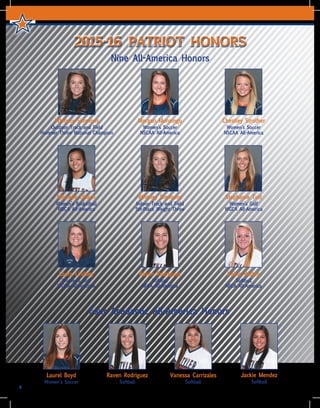 2015-16 PATRIOT HONORS
Nine All-America Honors
Whitney Simmons
Outdoor Track and Field
Hammer Throw National Champion
Morgan Monzingo
Women’s Soccer
NSCAA All-America
Chestley Strother
Women’s Soccer
NSCAA All-America
Raven Rodriguez
Softball
NFCA All-America
Kelsie Batten
Softball
NFCA All-America
Laura Lindsey
Women’s Golf
WGCA All-America
Michelle Obach
Women’s Basketball
WBCA All-America
Whitney Simmons
Indoor Track and Field
5th-Place Weight Throw
Stephanie Tutt
Women’s Golf
WGCA All-America
6
Four Academic All-America Honors
Laurel Boyd
Women’s Soccer
Raven Rodriguez
Softball
Vanessa Carrizales
Softball
Jackie Mendez
Softball
 