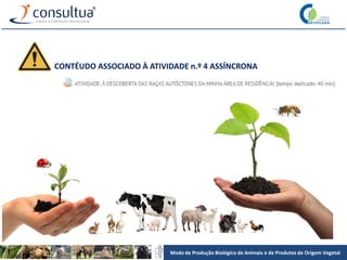 Modo de Produção Biológico de Animais e de Produtos de Origem Vegetal
CONTÉUDO ASSOCIADO À ATIVIDADE n.º 4 ASSÍNCRONA
 