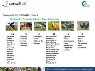 Modo de Produção Biológico de Animais e de Produtos de Origem Vegetal
Regulamento (CE) nº 889/2008 – Título II
Capítulo 2 – Produção Animal – Raças Autóctones
15
Alentejana
Algarvia
Arouquesa
Barrosã
Brava de lide
Cachena
Garvonesa
Jarmelista
Marinhoa
Maronesa
Mertolenga
Minhota
Mirandesa
Preta
Ramo Grande
4
Lusitano
Garrano
Sorraia
Burro de
Miranda
3
Alentejano
Bísaro
Malhado de
Alcobaça
15
Bordaleira EDM
Campaniça
Churra Algarvia
Churra Badana
Churra Terra Quente
Churra Campo
Churra Minho
Churra Galega MDR
Churra Galega BGC
Merino Beira Baixa
Merina Branca
Merina Preta
Mondegueira
Saloia
Serra da Estrela
6
Algarvia
Bravia
Charnequeira
Preta
Montesinho
Serpentina
Serrana
4
Amarela
Branca
Pedrês
Portuguesa
Preta
Lusitânica
 