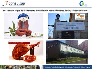 Modo de Produção Biológico de Animais e de Produtos de Origem Vegetal
3º - Tem um leque de escoamento diversificado, nomeadamente, leitão, carne e enchidos.
 