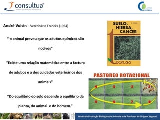 Modo de Produção Biológico de Animais e de Produtos de Origem Vegetal
André Voisin – Veterinário Francês (1964)
“ o animal provou que os adubos químicos são
nocivos”
“Existe uma relação matemática entre a factura
de adubos e a dos cuidados veterinários dos
animais”
“Do equilíbrio do solo depende o equilíbrio da
planta, do animal e do homem.”
 