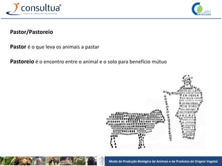 Modo de Produção Biológico de Animais e de Produtos de Origem Vegetal
Pastor/Pastoreio
Pastor é o que leva os animais a pastar
Pastoreio é o encontro entre o animal e o solo para benefício mútuo
 