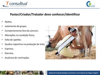 Modo de Produção Biológico de Animais e de Produtos de Origem Vegetal
• Apatia,
• Isolamento do grupo;
• Comportamento fora do comum;
• Alterações na condição física;
• Falta de apetite;
• Quebra repentina na produção de leite;
• Espirros;
• Diarreia;
• Ausência de ruminação;
Pastor/Criador/Tratador deve conhecer/identificar
 