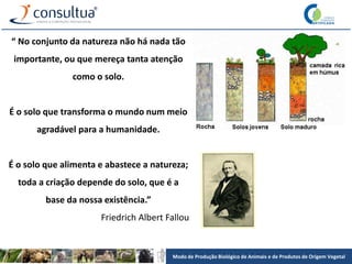 Modo de Produção Biológico de Animais e de Produtos de Origem Vegetal
“ No conjunto da natureza não há nada tão
importante, ou que mereça tanta atenção
como o solo.
É o solo que transforma o mundo num meio
agradável para a humanidade.
É o solo que alimenta e abastece a natureza;
toda a criação depende do solo, que é a
base da nossa existência.”
Friedrich Albert Fallou
 