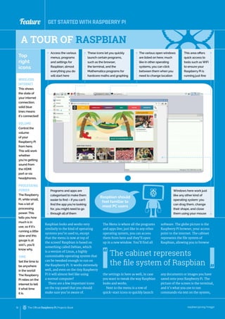 Feature GET STARTED WITH RASPBERRY PI
raspberrypi.org/magpi
10 The Official Raspberry Pi Projects Book
A TOUR OF RASPBIAN
Access the various
menus, programs
and settings for
Raspbian; almost
everything you do
will start here
Programs and apps are
categorised to make them
easier to find – if you can’t
find the app you’re looking
for, you might need to go
through all of them
These icons let you quickly
launch certain programs,
such as the browser,
the terminal, and the
Mathematica programs for
hardcore maths and graphing
The various open windows
are listed on here; much
like in other operating
systems, you can click
between them when you
need to change location
This area offers
quick access to
tools such as WiFi
to ensure your
Raspberry Pi is
running just fine
Windows here work just
like any other kind of
operating system: you
can drag them, change
their shape, and close
them using your mouse
Raspbian looks and works very
similarly to the kind of operating
systems you’re used to, except
that the menu is now at top of
the screen! Raspbian is based on
something called Debian, which
is a version of Linux, a highly
customisable operating system that
can be tweaked enough to run on
the Raspberry Pi. It works extremely
well, and even on the tiny Raspberry
Pi it will almost feel like using
a normal computer!
There are a few important icons
on the top panel that you should
make sure you’re aware of.
The Menu is where all the programs
and apps live; just like in any other
operating system, you can access
them from here and they’ll open
up in a new window. You’ll find all
the settings in here as well, in case
you want to tweak the way Raspbian
looks and works.
Next to the menu is a row of
quick-start icons to quickly launch
software. The globe picture is the
Raspberry Pi browser, your access
point to the internet. The cabinet
represents the file system of
Raspbian, allowing you to browse
any documents or images you have
saved onto your Raspberry Pi. The
picture of the screen is the terminal,
and it’s what you use to run
commands via text on the system,
The cabinet represents
the file system of Raspbian
Top
right
icons
WIRELESS
INTERNET
This shows
the state of
your internet
connection;
solid blue
lines means
it’s connected!
VOLUME
Control the
volume
of your
Raspberry Pi
from here.
This will work
whether
you’re getting
sound from
the HDMI
port or via
headphones.
PROCESSING
POWER
The Raspberry
Pi, while small,
has a lot of
processing
power. This
tells you how
much is in
use, so if it’s
running a little
slow and this
gauge is at
100%, you’ll
knowwhy.
TIME
Set the time to
be anywhere
in the world!
The Raspberry
Pi relies on the
internet to tell
it what time
it is.
Raspbian should
feel familiar to
most PC users
 