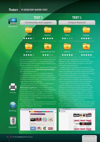 Feature PI DESKTOP SUPER-TEST
152
Good community support is vital for getting the most
out of your Raspberry Pi. It’s unsurprising to learn
that Raspbian, as the recommended installation, has
the best community support.
All of the projects from the Raspberry Pi Foundation
and many other sites (raspberrypi.org/community)
gravitate around Raspbian.
Having said that, it’s worth noting that Fedora,
the flavour of Linux behind Pidora, has a large and
respectable community. In particular, Linus Torvalds,
the initial developer of Linux, is known to use Fedora
(even if somewhat begrudgingly).
Of course, numbers and celebrity names aren’t
everything and the RISC OS community
(RISCosopen.org/forum) is both dedicated and
committed. It’s a small clique, though, and outside
of the community you’ll struggle to find much
online documentation. Look instead to decent
books like David Bradforth’s First Steps with RISC
OS 6 and Bruce Smith’s Raspberry Pi RISC OS System
Programming Revealed.
Snappy Ubuntu Core fares worst in this test with no
real community to speak of, but that’s only because it
is such a newcomer. Give it time.
Each of the operating systems has something
different to offer. Raspbian has the most all-round
support, the widest range of programs, and is the
most nurturing environment.
Raspbian is also noticeably faster and less error-
prone than Pidora. While Pidora’s lack of Pi 2 support
makes any meaningful speed test impractical, we’d
put our money on Raspbian and Snappy Core’s armhf
architecture beating Pidora in any speed test.
Pidora is worth investigating if you work on a
Fedora-based main computer, own a Raspberry Pi 1,
and want consistency between the two machines.
Snappy Ubuntu Core has much to offer those
looking to play a part in the next wave of software
development. Developing Snappy apps isn’t a game
for newcomers, but the transactional deployment
techniques seem worth learning. And it’s a good OS
for setting up a web server. Whether you can make
anything out of it currently depends on your skill as
a programmer, but we are looking forward to seeing
Snappy Ubuntu Core develop as an OS.
RISC OS is nothing if not unique. We’ve made much
of its individuality throughout this group test. Suffice
to say it’s a fantastic way to broaden your horizons.
TEST 5
Community and support
TEST 6
Unique features
Pidora Pidora
RISC OS RISC OS
Raspbian Raspbian
Snappy Ubuntu Core Snappy Ubuntu Core
Hello, World!
World Map
Recycle Bin
Print Me
raspberrypi.org/magpi
The Official Raspberry Pi Projects Book
 