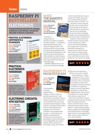 Review
200 The Official Raspberry Pi Projects Book raspberrypi.org/magpi
Review BOOKS
Score
“The Raspberry
Pi exposes
programming
software to make it as easy as
possible to get started,” says
Daniel Bates in his preface. After a
chapter on getting set up with the
Pi, the book launches into trying
out programming through six mini
projects, starting with the excellent
Scratch visual programming
language: first to do some
animation, with programming
concepts – and the power and
freedom of programming –
introduced as a natural part of
learning the animation procedure;
then an Angry Birds clone, which
includes physics (gravity and
bouncing), scoring, and a chance
Author: Daniel Bates
Publisher: Packt
Price: £16.99
ISBN: 978-1785281525
bit.ly/1MFA5EI
to add in your own extensions.
Python is next, with a random
insults generator - always
a popular bit of fun - which
introduces list handling and
functions. Then a connection
to the physical world: first
through an excellent DIY game
controller for a speed test
game, then with Google Maps
and Tkinter to look at your
neighbourhood. Lastly, there’s
an introduction to music making
with software, using Sonic Pi.
All in all, this software-focused
introduction gives a quicker starting
path than many of the more
maker-oriented Pi books, which
themselves would make an ideal
follow-on. After working through
Bates’s readable and friendly guide,
any child will know a surprisingly
large amount of core programming
skills, as well as gain a thirst for
more. Recommended.
software to make it as easy as
introduces list handling and
functions. Then a connection
to the physical world: first
through an excellent DIY game
controller for a speed test
game, then with Google Maps
and Tkinter to look at your
neighbourhood. Lastly, there’s
an introduction to music making
RASPBERRY PI
PROJECTS FOR KIDS
PRACTICAL ELECTRONICS:
COMPONENTS 
TECHNIQUES
Practically oriented book
for those who want to get
making electronic projects.
Comprehensive, but aimed
squarely within the reach of
the beginner.
Author: John M Hughes
Publisher: O’Reilly
Price: £26.50
ISBN: 978-1449373078
oreil.ly/1ICmbEM
“A revolution
is happening: the
manufacture of objects is shifting
from big companies... to individuals,
producing a previously unseen
variety in things we make.” That
revolution may be at an early stage,
but with the easy availability of low-
cost boards like the Raspberry Pi, and
manufacturing kit like 3D printers
(often available as a shared resource
at fab labs and makerspaces), all you
need to get involved is an idea and
a little knowledge.
The Maker’s Manual doesn’t just
set out to provide that knowledge
MAKE:
THE MAKER’S
MANUAL
Author: Paolo Aliverti
 Andrea Maietta
Publisher: Maker Media
Price: £16.50
ISBN: 978-1457185922
themakersmanual.com
The 1980 first edition, freely
available to download from the
Internet Archive, is a great intro
to electronics – but the latest
edition (with John Dunton) covers
newer components and circuits,
and is a strong recommendation.
Authors: Ian Sinclair
Publisher: Newnes
Price: Free download
ISBN: N/A
bit.ly/1QJ3BKf
ELECTRONIC CIRCUITS:
4TH EDITION
Welcome update to Tooley’s
well-regarded further
education text: very good on
the theories of circuits, with a
companion website that helps
you design them. Now with a
section on Raspberry Pi.
Authors: Mike Tooley
Publisher: Routledge
Price: £26.99
ISBN: 978-1138828926
key2electronics.com
- which it does both with a concise
history of the maker movement,
and a roundup of practical tools
from laser cutters to GitHub – but
also how to nurture and grow
an idea. The second section of
the book looks at the mental
skills involved in creativity and
how they can be developed;
the practical side of managing
a project and running a business;
and the soft skills of collaboration.
Chapters on basic electronics,
Arduino and the Pi provide useful,
concise introductions, while a
look at the Processing language
gets straight down to the artistic
possibilities released by its
random function. With even the
short Internet of Things chapter
containing a practical Pi example,
there’s little fluff and a lot of value
packed into this manual’s 200 pages.
PRACTICAL
ELECTRONICS
HANDBOOK
RASPBERRY PI
BESTSELLERS
Go beyond following instructions for attaching
components to your GPIO pins, and learn the
nitty-gritty of electronic components…
an idea. The second section of
the book looks at the mental
skills involved in creativity and
how they can be developed;
the practical side of managing
a project and running a business;
and the soft skills of collaboration.
Score
ELECTRONICS
 