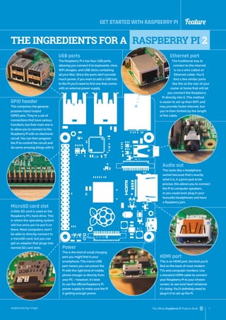 raspberrypi.org/magpi 7
The Official Raspberry Pi Projects Book
Feature
1
Ethernet port
The traditional way to
connect to the internet
is via a wire called an
Ethernet cable. You’ll
find a few similar ports
like this at the rear of your
router at home that will let
you connect the Raspberry
Pi directly into it. This method
is easier to set up than WiFi and
may provide faster internet, but
you’re then limited by the length
of the cable.
THE INGREDIENTS FOR A RASPBERRY PI 2
Audio out
This looks like a headphone
socket because that’s exactly
what it is. A 3.5mm jack to be
precise, this allows you to connect
the Pi to computer speakers,
or you could even plug in your
favourite headphones and have
a Raspberry jam.
Power
This is the kind of small charging
port you might find in your
smartphone. This micro-USB
port means you can power the
Pi with the right kind of mobile
phone charger or directly from
your PC – however, it’s best
to use the official Raspberry Pi
power supply to make sure the Pi
is getting enough power.
USB ports
The Raspberry Pi 2 has four USB ports,
allowing you connect it to keyboards, mice,
WiFi dongles, and USB sticks containing
all your files. Since the ports don’t provide
much power, if you want to add a USB hub
to the Pi you’ll need to find one that comes
with an external power supply.
HDMI port
This is an HDMI port, the kind you’ll
find on the back of most modern
TVs and computer monitors. Use
a standard HDMI cable to connect
your Raspberry Pi to your chosen
screen, to see (and hear) whatever
it’s doing. You’ll definitely need to
plug it in to set up the Pi.
GPIO header
This comprises the general-
purpose input/output
(GPIO) pins. They’re a set of
connections that have various
functions, but their main one is
to allowyou to connect to the
Raspberry Pi with an electronic
circuit. You can then program
the Pi to control the circuit and
do some amazing things with it.
MicroSD card slot
A little SD card is used as the
Raspberry Pi’s hard drive. This
is where the operating system
will live once you’ve put it on
there. Most computers won’t
be able to directly connect to
a microSD card, but you can
get an adaptor that plugs into
normal SD card slots.
GET STARTED WITH RASPBERRY PI
 