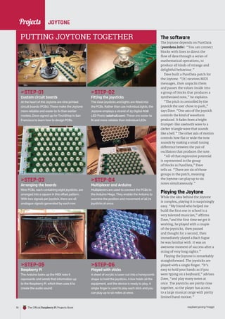 News
raspberrypi.org/magpi
70 The Official Raspberry Pi Projects Book
Projects
The software
The Joytone depends on PureData
(puredata.info): “You can connect
blocks with lines to direct the
flow of data through a series of
mathematical operations, to
produce all kinds of strange and
delightful behaviour.”
Dave built a PureData patch for
the Joytone. “[It] receives MIDI
messages, then unpacks them
and passes the values inside into
a group of blocks that produces a
synthesized note,” he explains.
“The pitch is controlled by the
joystick the user chose to push,”
says Dave. “One axis of the joystick
controls the kind of waveform
produced. It fades from a bright
trumpet-like sawtooth wave to a
darker triangle wave that sounds
like a bell.” The other axis of motion
controls how flat or wide the note
sounds by making a small tuning
difference between the pair of
oscillators that produces the note.
“All of that expressive potential
is represented in the group
of blocks in PureData,” Dave
tells us. “There are six of those
groups in the patch, meaning
the Joytone can play up to six
notes simultaneously.”
Playing the Joytone
While the idea behind the Joytone
is complex, playing it is surprisingly
easy. “My friend who helped me
build the first one in school is a
very talented musician,” affirms
Dave,“and the first time we got it
working, he played with a couple
of the joysticks, then paused
and thought for a second, then
immediately played a Bach fugue
he was familiar with. It was an
awesome moment of success after a
string of very long nights.”
Playing the Joytone is remarkably
straightforward. The joysticks are
played with a single finger. “It’s
easy to hold your hands as if you
were typing on a keyboard,” advises
Dave, “and play many notes at
once. The joysticks are pretty close
together, so the player has access
to a large musical range with pretty
limited hand motion.”
STEP-01
Custom circuit boards
At the heart of the Joytone are nine printed
circuit boards (PCBs). These make the Joytone
more reliable and easier to fix than earlier
models. Dave signed up for TechShop in San
Francisco to learn how to design PCBs.
STEP-03
Arranging the boards
Nine PCBs, each containing eight joysticks, are
arranged into a square in this offset pattern.
With two signals per joystick, there are 16
analogue signals generated by each row.
STEP-05
Raspberry Pi
The Arduino looks up the MIDI note it
represents and sends that information up
to the Raspberry Pi, which then uses it to
create the audio sound.
PUTTING JOYTONE TOGETHER
STEP-02
Fitting the joysticks
The clear joysticks and lights are fitted into
the PCBs. Rather than use individual lights, the
Joytone employs a strand of 25 Digital RGB
LED Pixels (adafruit.com). These are easier to
fit and more reliable than individual LEDs.
STEP-04
Multiplexer and Arduino
Multiplexers are used to connect the PCBs to
the Arduino Mega. They enable the Arduino to
examine the position and movement of all 72
joysticks at once.
STEP-06
Played with sticks
A sheet of acrylic is laser-cut into a honeycomb
shape to hold the joysticks. A box holds all the
equipment, and the device is ready to play. A
single finger is used to play each stick and you
can play up to six notes at once.
JOYTONE
 