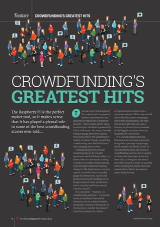 Feature
raspberrypi.org/magpi
78
CROWDFUNDING'S
The Raspberry Pi is the perfect
maker tool, so it makes sense
that it has played a pivotal role
in some of the best crowdfunding
stories ever told…
CROWDFUNDING’S GREATEST HITS
he low cost of the Raspberry
Pi, coupled with its appeal to
hackers and tinkerers, has
launched an explosion of hardware
projects – from simple plastic cases,
to entire spin-off devices powered by
a Pi at their heart. For many, the only
thing stopping them from taking
their project from the workbench to
market is a lack of funds, something
crowdfunding sites like Kickstarter
and Indiegogo aim to solve.
Crowdfunding serves several
valuable purposes for smaller
businesses and individual makers: it
allows them to raise funds to bring
a product to market without having
to go through traditional funding
channels, like bank loans or venture
capital; it enables them to quickly
gauge the demand for a particular
product and receive feedback on its
design ahead of mass-production;
and it can help build buzz around
a product launch.
For customers – ‘backers,’ in
crowdfunding parlance – it provides
access to hardware that would
otherwise not be readily available,
along with a feeling of being part of
the journey to market that doesn’t
come from simple pre-orders
or registrations of interest on a
corporate website. While only around
two in five Kickstarter campaigns
reach their funding goal, the right
idea at the right time can earn a
fortune, as proven by our rundown
of the biggest successes from the
Raspberry Pi community.
It’s a heady mixture that has
featured some stunning successes,
along with a perhaps surprisingly
small number of failures. If you’ve
ever wondered about the secret of
crowdfunding success, we’ve spoken
to those who have been there and
done that, to bring you the advice
you need to know in order to succeed,
while avoiding the pitfalls that have
caused others before you serious
upset along the way.
T
£
£
$
$
€
€
GREATEST HITS
The Official Raspberry Pi Projects Book
 
