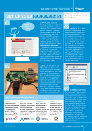 Feature
raspberrypi.org/magpi 9
The Official Raspberry Pi Projects Book
INSTALL SD CARD
While that’s downloading, you’ll
need to get your SD card ready to
work on your Raspberry Pi. This
will require you to format it, so
if there are any files on the card
you want to keep, now’s the time
to take them off. You’ll need to
install the SD Card Formatter 4.0
tool to prepare the card, which
can be downloaded from the SD
Association: bit.ly/1alC3Wp.
Once you’ve formatted your
SD card, extract the files from
the NOOBS zip folder and put
them all on the card. That’s it:
NOOBS is installed to your SD
card and ready to use!
02
SET UP YOUR RASPBERRY PI
DOWNLOAD NOOBS
The Raspberry Pi comes with many
operating systems you can use,
which you could manually install
yourself if you wish. There’s a
much easier way to install these
OSes, though, and that’s via
the New Out Of Box Software,
or NOOBS. It holds all the latest
versions of the Raspberry Pi
operating systems and you can
grab it from the download page at:
raspberrypi.org/downloads.
We prefer to use the full version
of NOOBS, as it comes with
Raspbian already downloaded,
making the process slightly faster
than with NOOBS Lite. However,
all the other operating systems will
be downloaded as they install, on
both versions of NOOBS.
01 Hook it up,
install it,
use it!
CONNECT THE CABLES
Take the SD card adaptor out,
retrieve the microSD card, and slot
it into the Raspberry Pi; this is very
important, as the Raspberry Pi
won’t be able to turn on properly
otherwise. To start with, you’ll
need to plug in an HDMI cable
between the Raspberry Pi and your
screen, an Ethernet cable for your
router (or a USB WiFi dongle),
along with a mouse and keyboard.
Finally, when everything you need
is plugged in, you can attach the
power cable to the Raspberry Pi.
INSTALL RASPBIAN
The Raspberry Pi will turn on and
display some text on the screen –
you can ignore this until it gets to
a menu which lists all the available
operating systems. It allows you to
select multiple OSes at once, but
right now we just want to use the
one that’s called Raspbian. This is
the main operating system for the
Raspberry Pi, with all the official
apps, software, and learning
documents. Upon selecting
Raspbian, click on Install and it
will begin the Raspbian installation
process, which may take a little
while to complete.
03
04
Alternative operating systems
PIDORA
A bit like Raspbian,
but based on a different
core operating system.
This is something
people a bit techy
can use for a slightly
different Raspberry Pi.
ARCH
Avery basic operating
system that works entirely
from a command line,
no mouse and keyboard
required. You’ll really need
to know your computers
to start with this.
OPENELEC
An OS to turn the
Raspberry Pi into a
home theatre PC,
complete with the Kodi
software that plays
music and videos as
well as web video.
RISC OS
A throwback to your
school days, RISC OS
is what used to be on
old Acorn computers.
The Raspberry Pi is in
many ways derived
from them.
GET STARTED WITH RASPBERRY PI
 