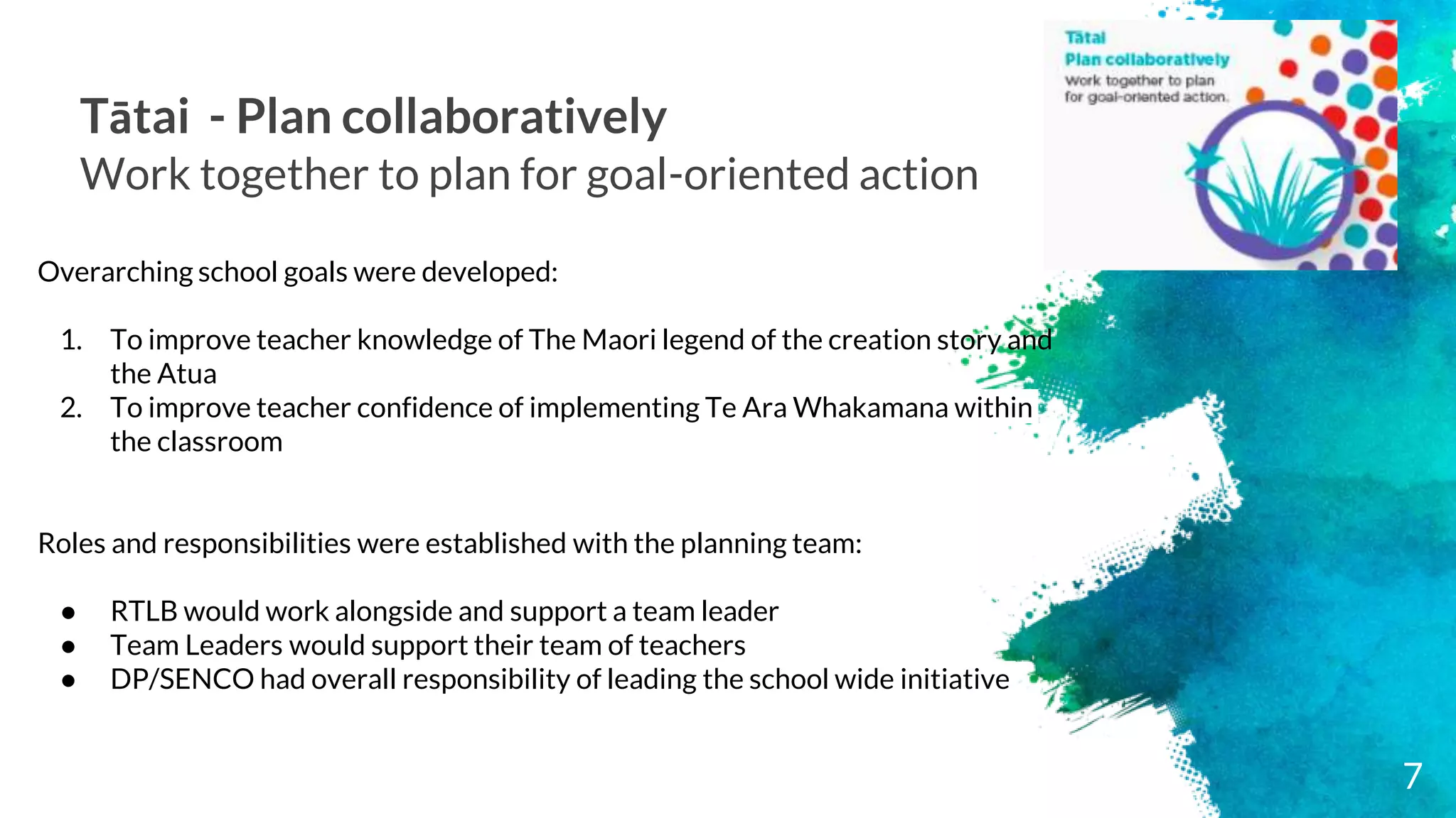 Tātai - Plan collaboratively
Work together to plan for goal-oriented action
Overarching school goals were developed:
1. To improve teacher knowledge of The Maori legend of the creation story and
the Atua
2. To improve teacher confidence of implementing Te Ara Whakamana within
the classroom
Roles and responsibilities were established with the planning team:
● RTLB would work alongside and support a team leader
● Team Leaders would support their team of teachers
● DP/SENCO had overall responsibility of leading the school wide initiative
7
 