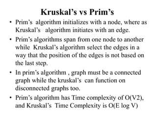 Kruskal’s vs Prim’s
• Prim’s algorithm initializes with a node, where as
Kruskal’s algorithm initiates with an edge.
• Prim’s algorithms span from one node to another
while Kruskal’s algorithm select the edges in a
way that the position of the edges is not based on
the last step.
• In prim’s algorithm , graph must be a connected
graph while the kruskal’s can function on
disconnected graphs too.
• Prim’s algorithm has Time complexity of O(V2),
and Kruskal’s Time Complexity is O(E log V)
 