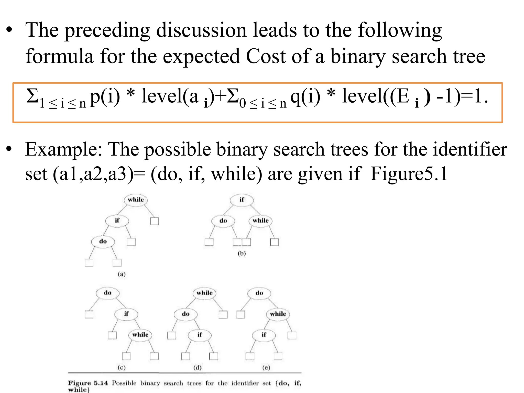 • The preceding discussion leads to the following
formula for the expected Cost of a binary search tree
• Example: The possible binary search trees for the identifier
set (a1,a2,a3)= (do, if, while) are given if Figure5.1
Ʃ1 ≤ i ≤ n p(i) * level(a i)+Ʃ0 ≤ i ≤ n q(i) * level((E i ) -1)=1.
 
