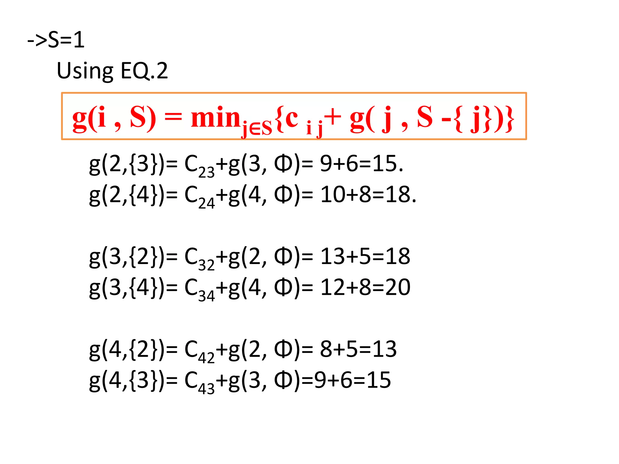 ->S=1
Using EQ.2
g(2,{3})= C23+g(3, Φ)= 9+6=15.
g(2,{4})= C24+g(4, Φ)= 10+8=18.
g(3,{2})= C32+g(2, Φ)= 13+5=18
g(3,{4})= C34+g(4, Φ)= 12+8=20
g(4,{2})= C42+g(2, Φ)= 8+5=13
g(4,{3})= C43+g(3, Φ)=9+6=15
g(i , S) = minj∈S{c i j+ g( j , S -{ j})}
 