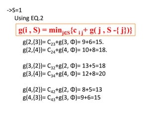 ->S=1
Using EQ.2
g(2,{3})= C23+g(3, Φ)= 9+6=15.
g(2,{4})= C24+g(4, Φ)= 10+8=18.
g(3,{2})= C32+g(2, Φ)= 13+5=18
g(3,{4})= C34+g(4, Φ)= 12+8=20
g(4,{2})= C42+g(2, Φ)= 8+5=13
g(4,{3})= C43+g(3, Φ)=9+6=15
g(i , S) = minj∈S{c i j+ g( j , S -{ j})}
 
