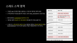 • 그림은 4KB 의 페이지를 사용하는 스택으로 예약된 영역 표현
• 스택 영역과 커밋된 물리적 저장소 모두 PAGE_READWRITE 보호 특성
• 예약 영역은 0x08000000으로부터 시작
• 예약된 영역 최상위 두 개의 페이지에 물리적 저장소를 커밋
• 스레드의 스택 포인터 레지스터는 예약된 영역의 최상위 페이지 끝을
(0x08100000)을 가리키도록 설정(스택을 사용할 때의 시작 위치)
스레드 스택 영역
 