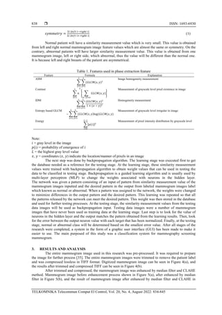  ISSN: 1693-6930
TELKOMNIKA Telecommun Comput El Control, Vol. 20, No. 4, August 2022: 834-845
838
𝑠𝑦𝑚𝑚𝑒𝑡𝑟𝑦 =
Ʃ𝑖 |𝑙𝑒𝑓𝑡 𝑖−𝑟𝑖𝑔ℎ𝑡 𝑖|
Ʃ𝑖 |𝑙𝑒𝑓𝑡 𝑖+ 𝑟𝑖𝑔ℎ𝑡 𝑖|
(1)
Normal patient will have a similarity measurement value which is very small. This value is obtained
from left and right normal mammogram image feature values which are almost the same or symmetry. On the
contrary, abnormal patients will have larger similarity measurement value. This value is obtained from one
mammogram image, left or right side, which abnormal, thus the value will be different than the normal one.
It is because left and right breasts of the patient are asymmetrical.
Table 1. Features used in phase extraction feature
Feature Formula Explanation
ASM
∑ ∑(𝐺𝐿𝐶𝑀(𝑥, 𝑦)2
𝐿
𝑦=1
𝐿
𝑥=1
Image homogeneity measurement
Contrast
∑ 𝑛
𝐿
𝑛=1
2
{ ∑ 𝐺𝐿𝐶𝑀(𝑥, 𝑦)
|𝑥−𝑦|=𝑛
}
Measurement of grayscale level pixel existence in image
IDM
∑ ∑
(𝐺𝐿𝐶𝑀(𝑥, 𝑦)2
1 + (𝑥 − 𝑦)2
𝐿
𝑦=1
𝐿
𝑥=1
Homogeneity measurement
Entropy based GLCM
− ∑ ∑(𝐺𝐿𝐶𝑀(𝑥, 𝑦)log(𝐺𝐿𝐶𝑀(𝑥, 𝑦)
𝐿
𝑦=1
𝐿
𝑥=1
Measurement of grayscale level irregular in image
Energy
∑[𝑝(𝑖)]2
𝐿−1
𝑖=0
Measurement of pixel intensity distribution by grayscale level
Note:
𝑖 = gray level in the image
𝑝(𝑖) = probability of emergence of 𝑖
𝐿 = the highest gray level value
𝑥, 𝑦 = coordinates (𝑥, 𝑦) indicate the location/manner of pixels in an image
The next step was done by backpropagation algorithm. The learning stage was executed first to get
the database needed as a reference for the testing stage. At the learning stage, these similarity measurement
values were trained with backpropagation algorithm to obtain weight values that can be used in testing the
data to be classified in testing stage. Backpropagation is a guided learning algorithm and is usually used by
multi-layer perceptron (MLP) to change the weights associated with neurons in the hidden layer.
The network was given a pattern consisting of an input of pattern from similarity measurement value of the
mammogram images inputted and the desired pattern in the output from labeled mammogram images label
which known as normal or abnormal. When a pattern was assigned to the network, the weights were changed
to minimize differences in the output pattern and the desired pattern. This learning was repeated so that all
the patterns released by the network can meet the desired pattern. This weight was then stored in the database
and used for further testing processes. At the testing stage, the similarity measurement values from the testing
data images will be used as backpropagation input. Testing data images were a number of mammogram
images that have never been used as training data at the learning stage. Last step is to look for the value of
neurons in the hidden layer and the output matches the pattern obtained from the learning results. Then, look
for the error between the output neuron value with each target that has been normalized. Finally, at the testing
stage, normal or abnormal class will be determined based on the smallest error value. After all stages of the
research were completed, a system in the form of a graphic user interface (GUI) has been made to make it
easier to use. The main purposed of this study was a classification system for mammography screening
mammogram.
3. RESULTS AND ANALYSIS
The entire mammogram image used in this research was pre-processed. It was required to prepare
the image for further process [35]. The entire mammogram images were trimmed to remove the patient label
and was compressed lossless in TIFF format. Digitized mammogram image can be seen in Figure 4(a), and
the results after trimmed and compressed TIFF can be seen in Figure 4(b).
After trimmed and compressed, the mammogram image was enhanced by median filter and CLAHE
method. Mammogram image before enhancement process shown in Figure 5(a), after enhanced by median
filter in Figure 5(b), and the result of mammogram image after enhanced by median filter and CLAHE in
 