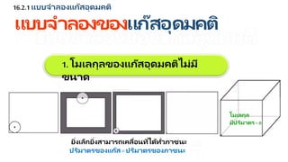 16.2.1 แบบจำลองแก๊สอุดมคติ
แบบจำลองของแก๊สอุดมคติ
1. โมเลกุลของแก๊สอุดมคติไม่มี
ขนำด
ยิ่งเล็กยิ่งสำมำรถเคลื่อนที่ได้ทั่วภำชนะ
ปริมำตรของแก๊ส = ปริมำตรของภำชนะ
โมเลกุล
มีปริมำตร =0
 