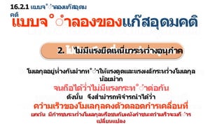 16.2.1 แบบจ˚ำ ลองแก๊สอุดม
คติ
แบบจ˚ำ ลองของแก๊สอุดมคติ
2. ไม่มีแรงยึดเหนี่ยวระหว่ งอนุภ ค
โมเลกุลอยู่ห่ งกันม กท˚ำ ให้แรงดูดและแรงผลักระหว่ งโมเลกุล
น้อยม ก
จนถือได้ว่ ไม่มีแรงกระท˚ำ ต่อกัน
ดังนั้น จึงส ม รถพิจ รณ ได้ว่
คว มเร็วของโมเลกุลคงตัวตลอดก รเคลื่อนที่
ยกเว้น มีก รชนระหว่ งโมเลกุลหรือชนกับผนังภ ชนะคว มเร็วจะมกีำ ร
เปลี่ยนแปลง
 